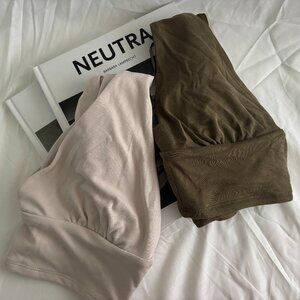 Dynamite Crossover Crop Tops in Olive and Beige